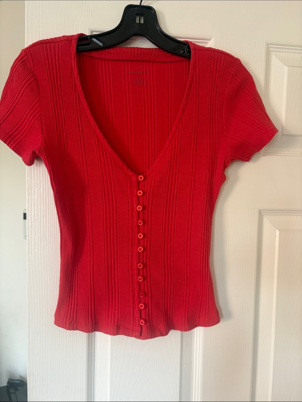 Anthropologie Red Ribbed V-Neck Button-Front Top